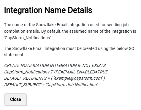 Snowpark Setup Page – Integration Name Dialog