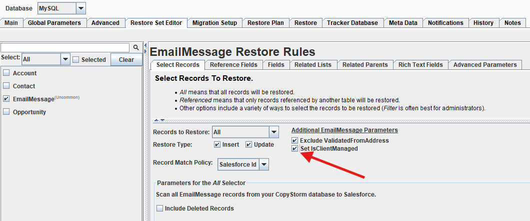 EmailMessage IsClientManaged Restore